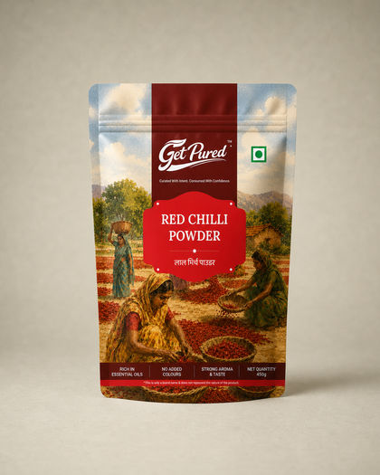 GetPured Red Chilli Powder 450g pack photographed on a warm studio backdrop