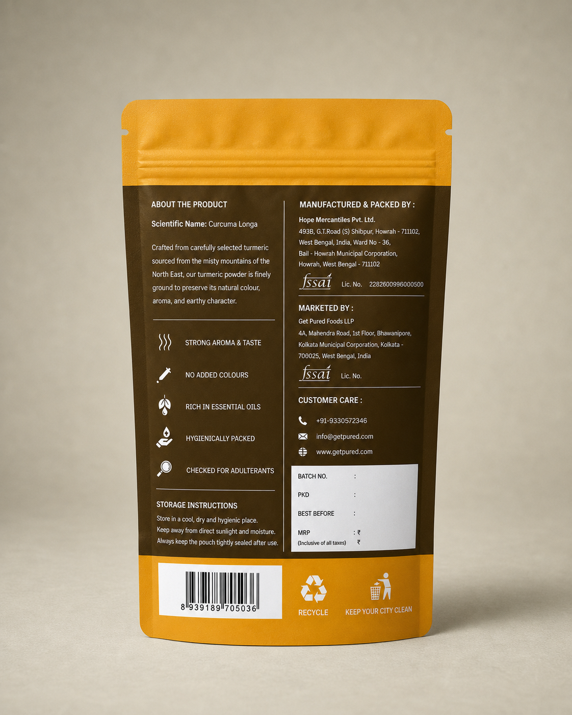 Back of the GetPured Turmeric Powder 225g pack showing ingredients, nutrition, storage instructions, manufacturer details and FSSAI licence