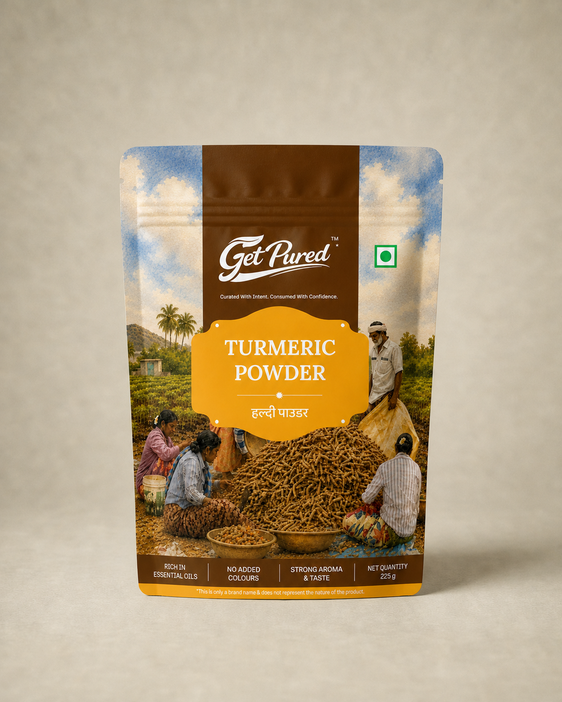 GetPured Turmeric Powder 225g pack photographed front on, on a warm studio backdrop