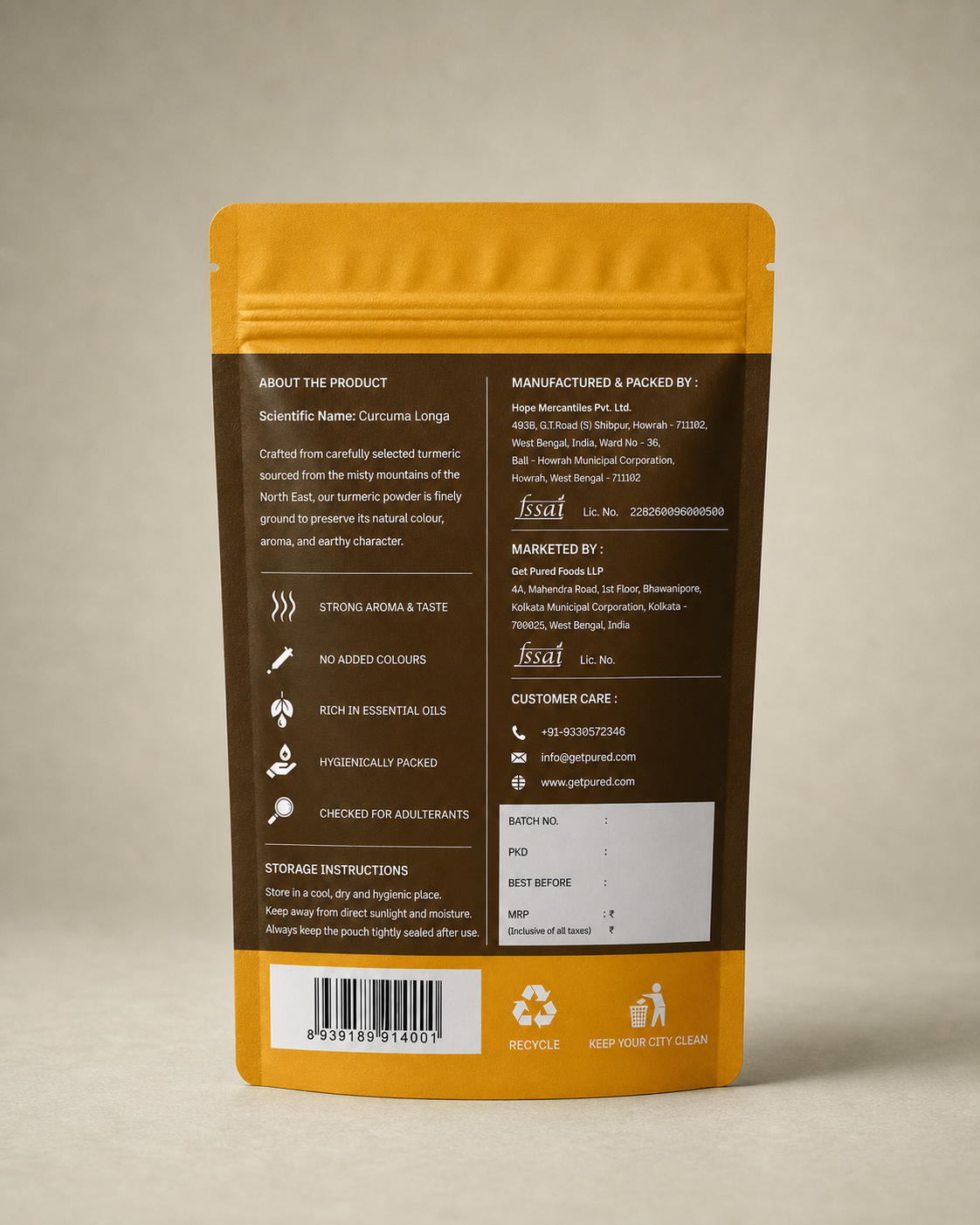 Back of the GetPured Turmeric Powder 450g pack showing ingredients, nutrition, storage instructions, manufacturer details and FSSAI licence