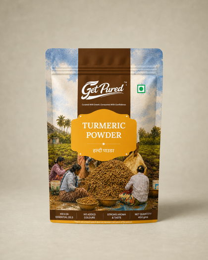 GetPured Turmeric Powder 450 g pack from North East India on a warm studio backdrop