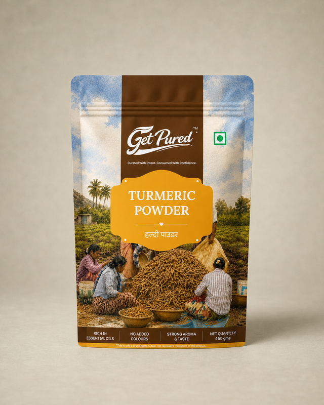 GetPured Turmeric Powder 450 g pack from North East India on a warm studio backdrop